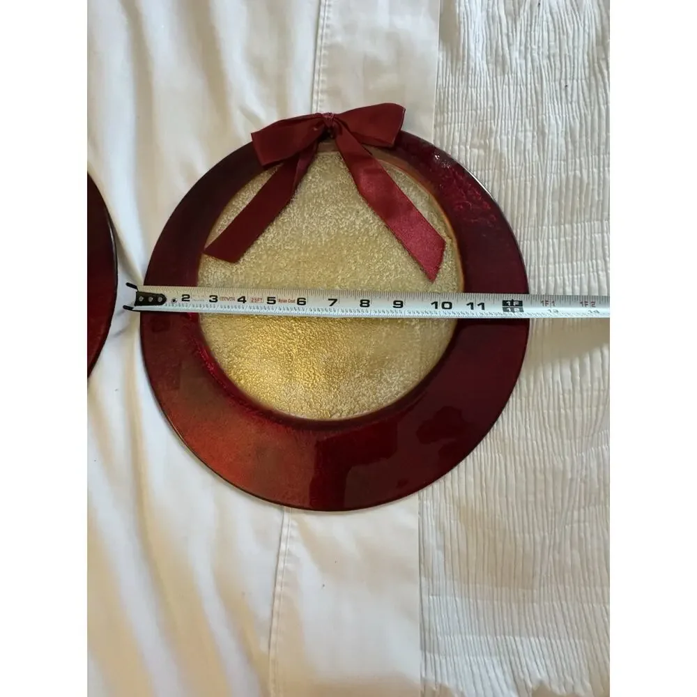 Lot of 2 Red Gold Plates Holiday Bow Christmas Home Decor Glass Frosted